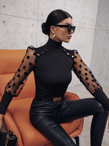 Buttoned Lantern Sleeve Turtle Neck Blouse