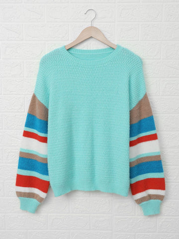 Striped Dropped Shoulder Crewneck Ribbed Trim Sweater