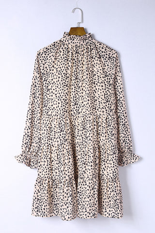 Printed Tie-Neck Flounce Sleeve Tiered Dress