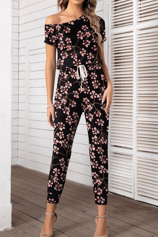 Asymmetrical Neck Short Sleeve Jumpsuit