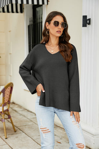 Drop Shoulder V-Neck Knit Pullover