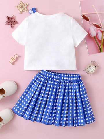 Graphic Bow Detail Top and Polka Dot Pleated Skirt Set