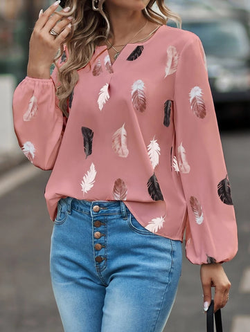 Printed Notched Neck Long Sleeve Blouse