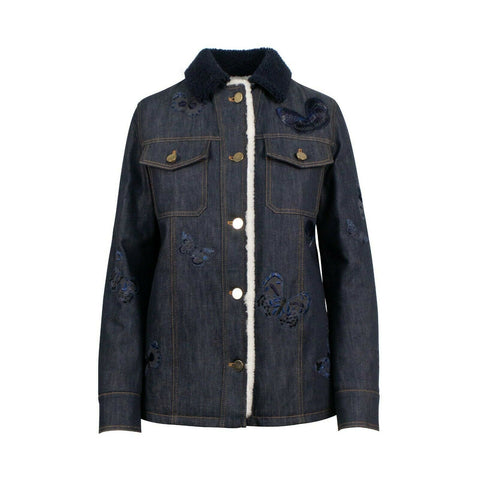 Butterfly Embroidered Shearling Lined Denim Jacket - Blue