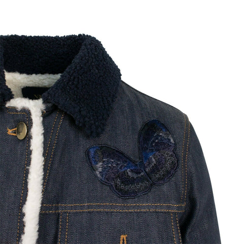 Butterfly Embroidered Shearling Lined Denim Jacket - Blue