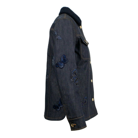 Butterfly Embroidered Shearling Lined Denim Jacket - Blue