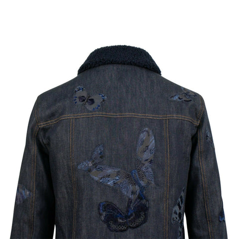 Butterfly Embroidered Shearling Lined Denim Jacket - Blue