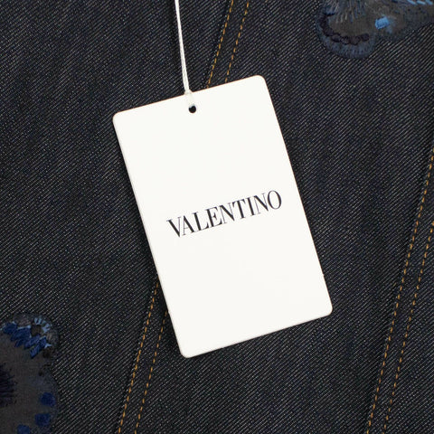 Butterfly Embroidered Shearling Lined Denim Jacket - Blue