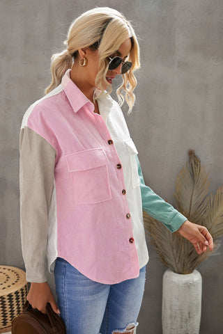 Color Block Button Front Shirt with Pockets