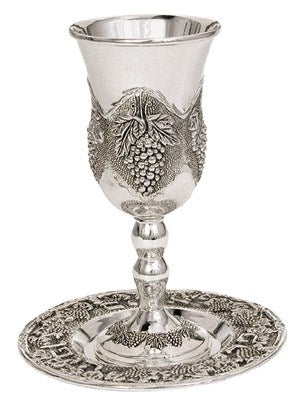 Wine Cup-Long Stem w/Grapes+Coaster (6.5")-Pewter (#44100)