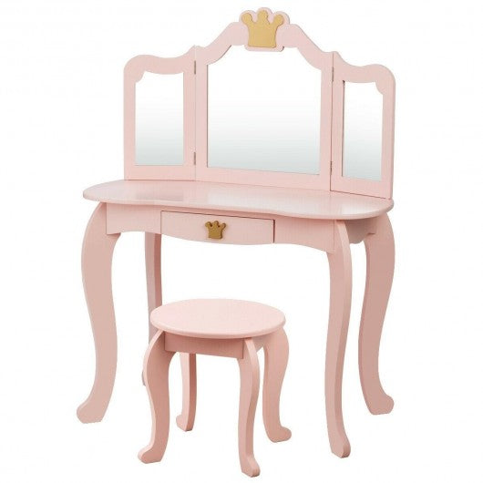 Kids Makeup Dressing Table with Tri-folding Mirror and Stool-Pink