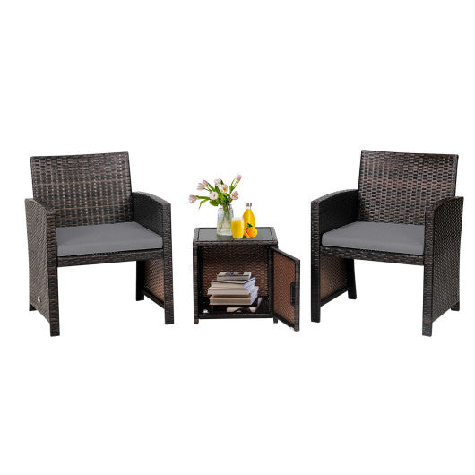3 Pieces Patio Wicker Furniture Set with Storage Table and Protective Cover-Gray