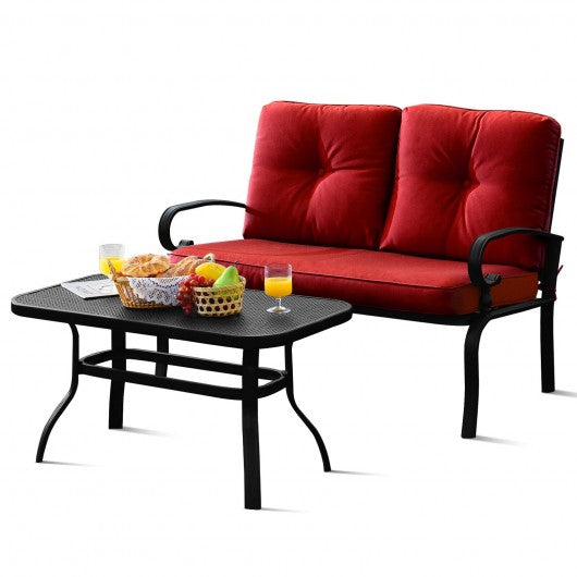 2 Pieces Patio Loveseat Bench Table Furniture Set with Cushioned Chair-Red