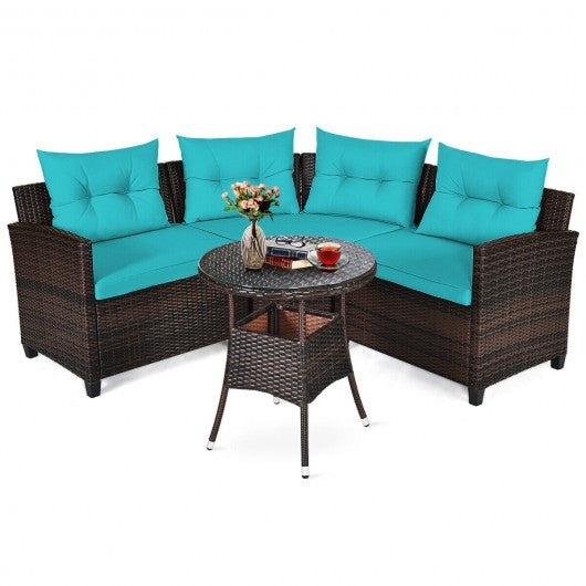 4 Pieces Outdoor Cushioned Rattan Furniture Set-Turquoise
