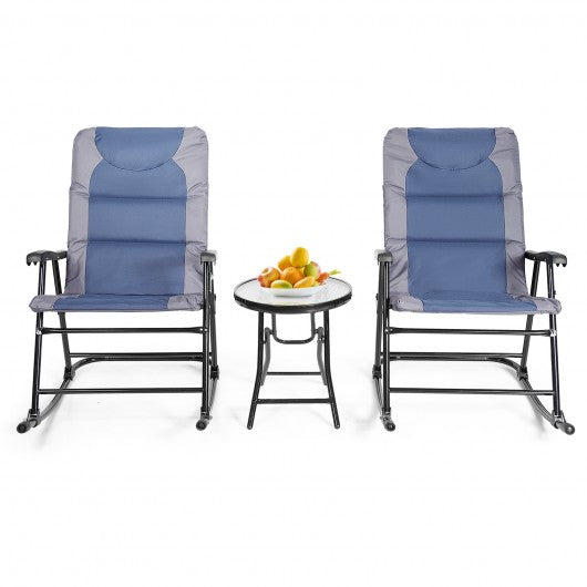 3 Pcs Outdoor Folding Rocking Chair Table Set with Cushion-Blue