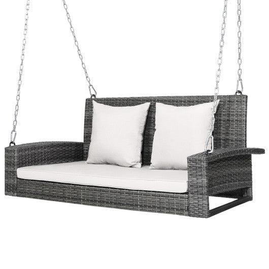 2-Person Patio PE Wicker Hanging Porch Swing Bench Chair Cushion 800 Pounds-White