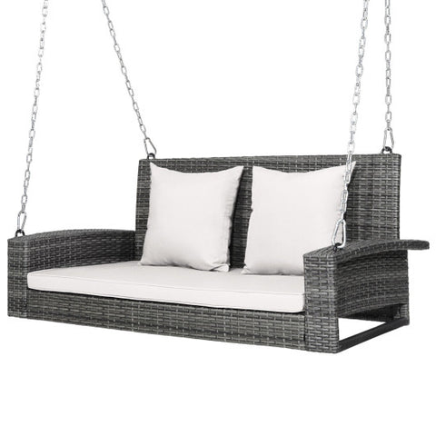 2-Person Patio PE Wicker Hanging Porch Swing Bench Chair Cushion 800 Pounds-White