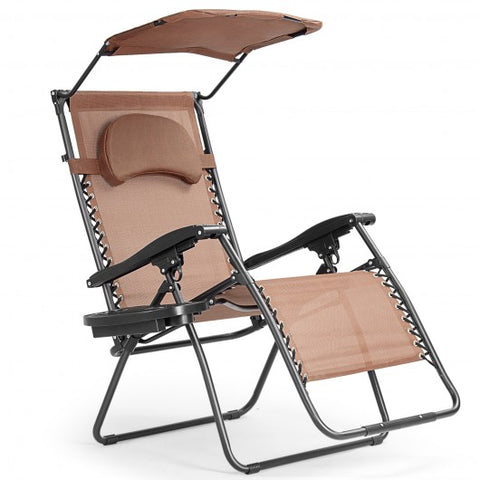 Folding Recliner Lounge Chair with Shade Canopy Cup Holder-Brown