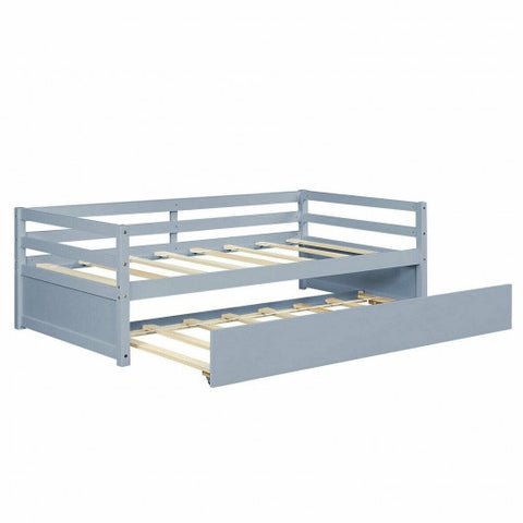Twin Size Trundle Platform Bed Frame with  Wooden Slat Support-Gray