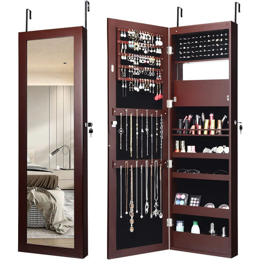Lockable Wall Door Mounted Mirror Jewelry Cabinet w/LED Lights-Brown