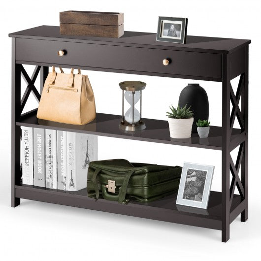 Console Table 3-Tier with Drawer and Storage Shelves-Espresso