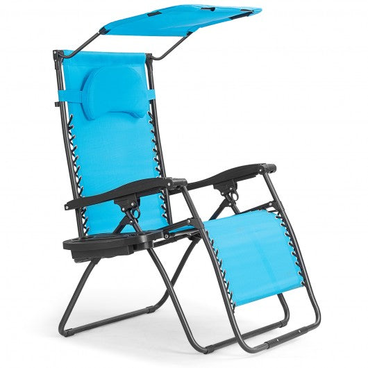Folding Recliner Lounge Chair with Shade Canopy Cup Holder-Blue