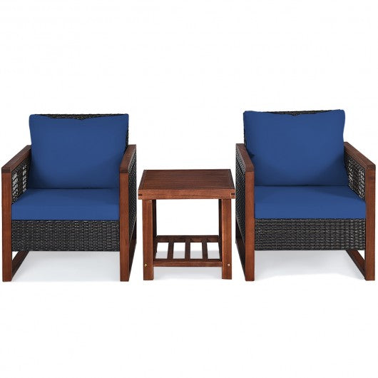 3 Pieces Patio Wicker Furniture Sofa Set with Wooden Frame and Cushion