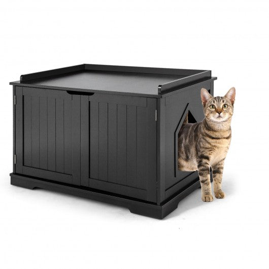 Cat Litter Box Enclosure with Double Doors for Large Cat and Kitty-Black