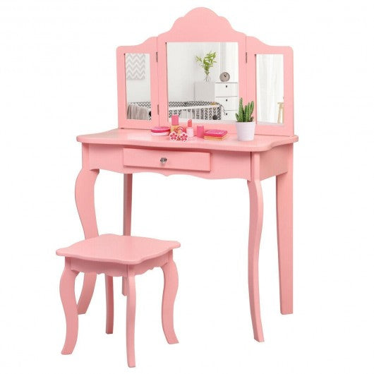 Kids Makeup Dressing Mirror Vanity Table Stool Set-Pink