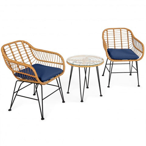 3 Pieces Rattan Furniture Set with Cushioned Chair Table-Navy