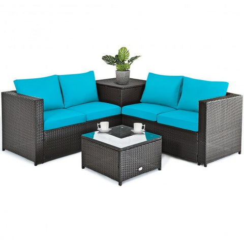 4 Pcs Outdoor Patio Rattan Furniture Set with Cushioned Loveseat and Storage Box-Turquoise