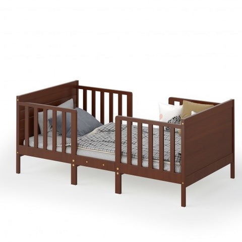 2-in-1 Convertible Kids Wooden Bedroom Furniture with Guardrails-Brown