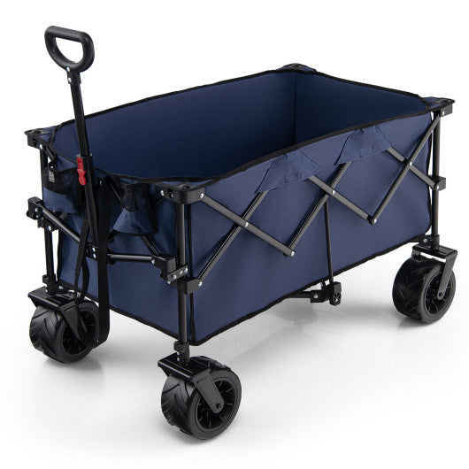 Folding Utility Garden Cart with Wide Wheels and Adjustable Handle-Blue