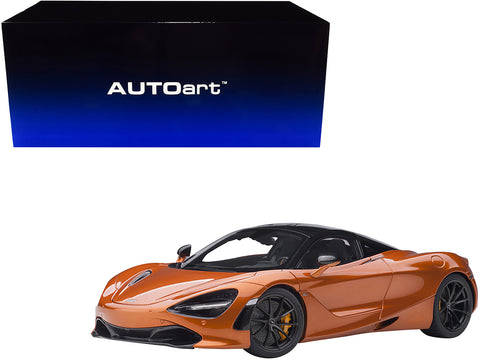 McLaren 720S Azores Orange Metallic with Black Top and Carbon Accents 1/18 Model Car by Autoart