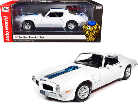 1971 Pontiac Firebird T/A Trans Am Cameo White with Blue Stripes "Class of 1971" "American Muscle 30th Anniversary" (1991-2021) 1/18 Diecast Model Car by Autoworld