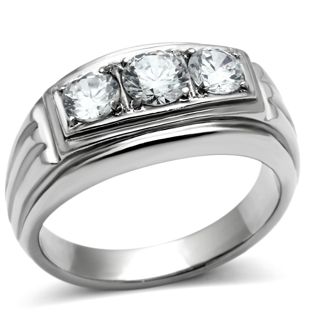 TK491 - High polished (no plating) Stainless Steel Ring with AAA Grade CZ  in Clear