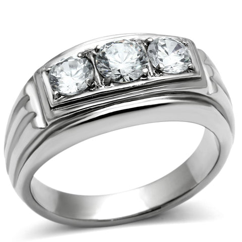 TK491 - High polished (no plating) Stainless Steel Ring with AAA Grade CZ  in Clear
