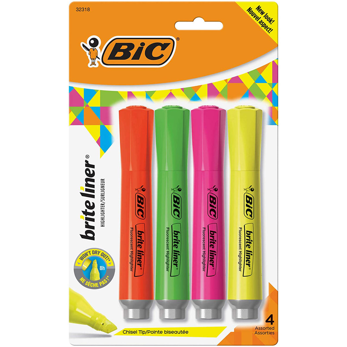 Brite Liner® Grip Tank Highlighter, Chisel Tip, Assorted Colors, Pack of 4