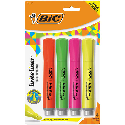 Brite Liner® Grip Tank Highlighter, Chisel Tip, Assorted Colors, Pack of 4