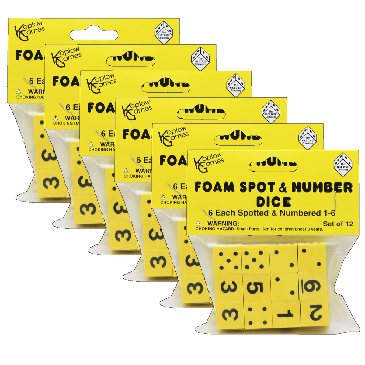 Yellow Spot & Number 16mm Foam Dice, 12 Per Pack, 6 Packs