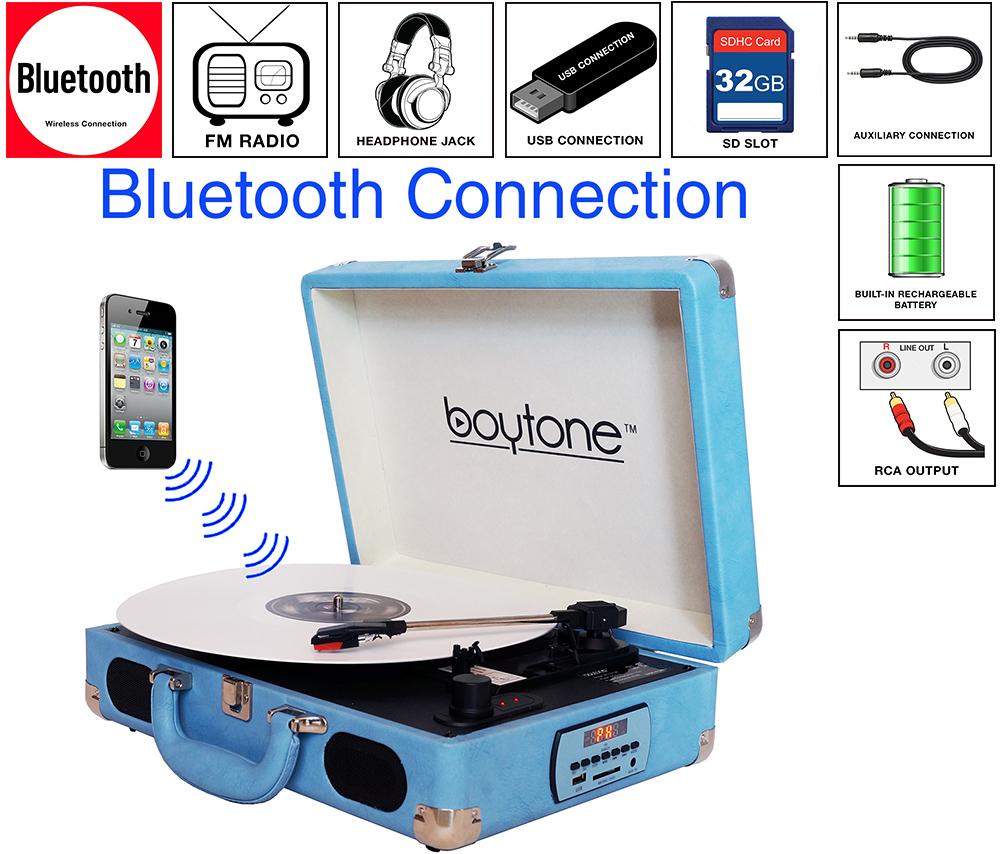 Boytone BT-101LB Bluetooth Turntable Briefcase Record player AC-DC, Built in Recharg