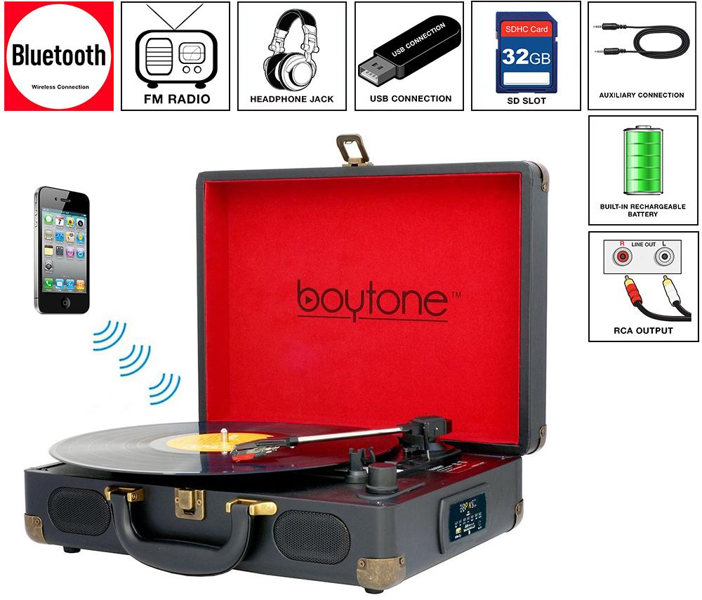 Boytone BT-101B Bluetooth Turntable Briefcase Record player AC-DC, Built in Recharge