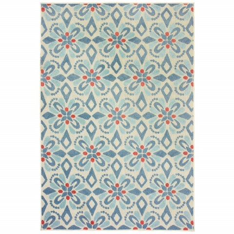 9' x 12' Ivory Blue Global Geo Tile Indoor Outdoor Area Rug