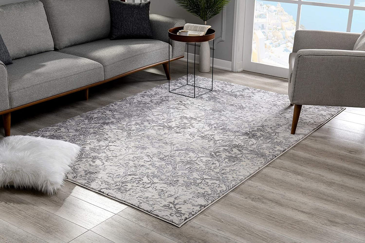 4’ x 6’ Cream and Gray Faded Filigree Area Rug