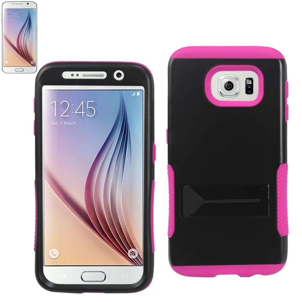 Reiko Samsung Galaxy S6 Hybrid Heavy Duty Grip Case With Lower Kickstand In Hot Pink Black