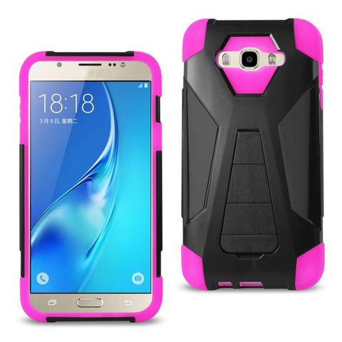 Reiko Samsung Galaxy J7 (2016) Hybrid Heavy Duty Case With Kickstand In Hot Pink Black