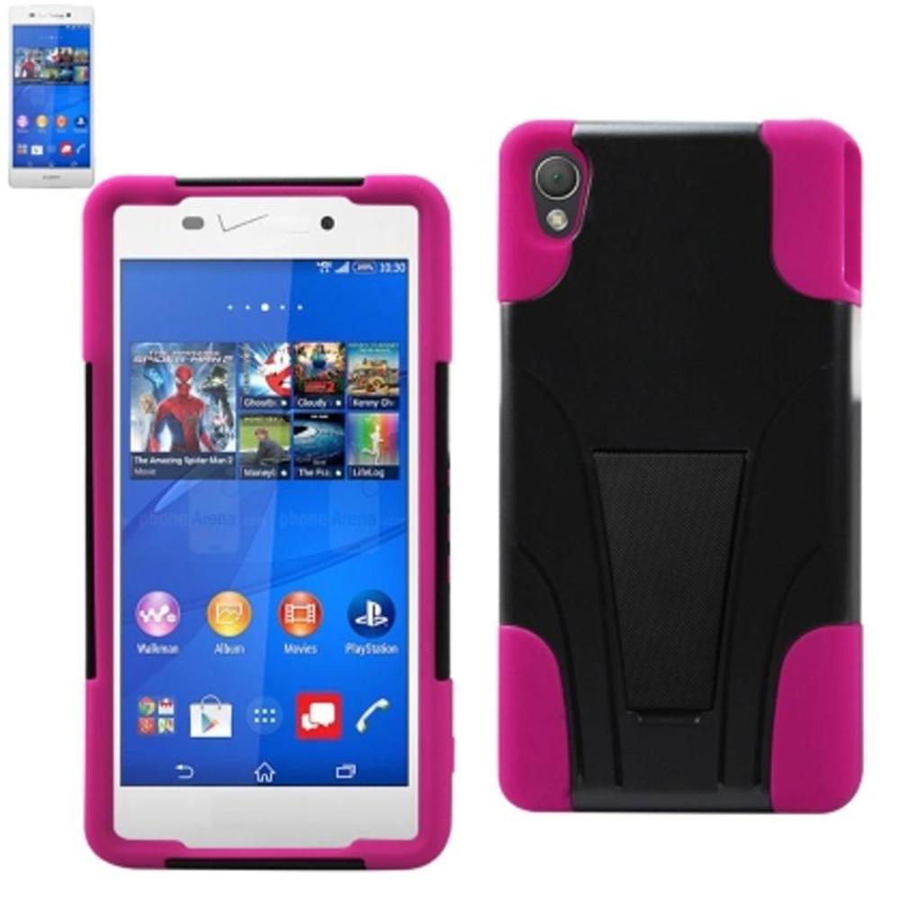 Reiko Sony Xperia Z3v Hybrid Heavy Duty Case With Kickstand In Hot Pink Black