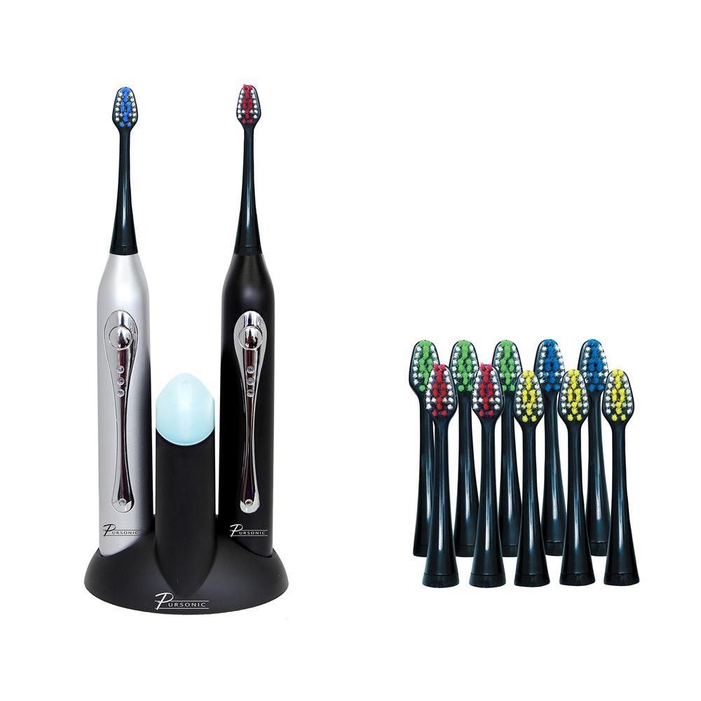Dual Handle Ultra High Powered Sonic Electric Toothbrush With Dock Charger, 12 Brush Heads &amp; More!-black And Silver