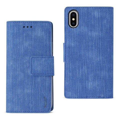 Reiko Iphone X/iphone Xs Denim Wallet Case With Gummy Inner Shell And Kickstand Function In Navy