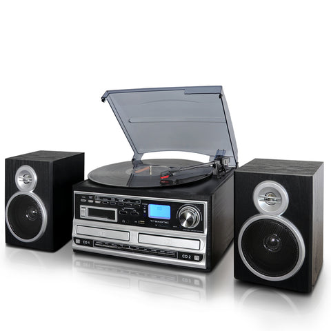 Trexonic 3-speed Turntable With Cd Player, Cd Recorder, Cassette Player, Wired Shelf Speakers, Fm Radio &amp; Cd/usb/sd Recording